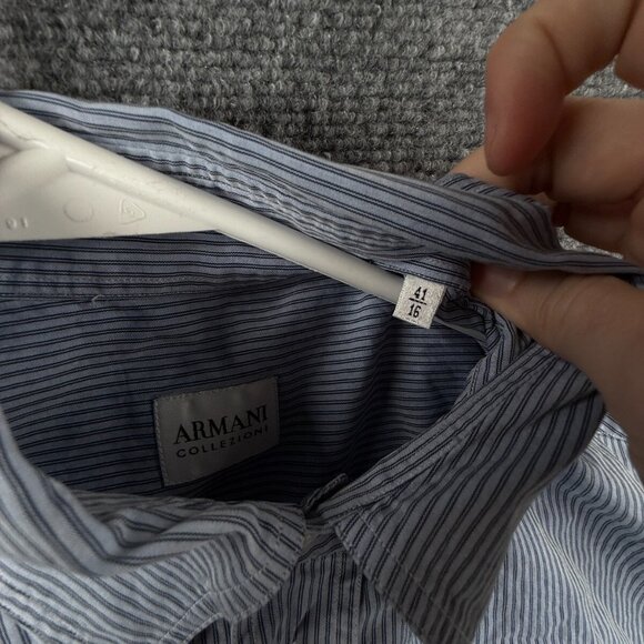 Armani Collezioni Button Up Shirt Men Long Sleeve Striped Blue Size 16 Cotton - Picture 9 of 16